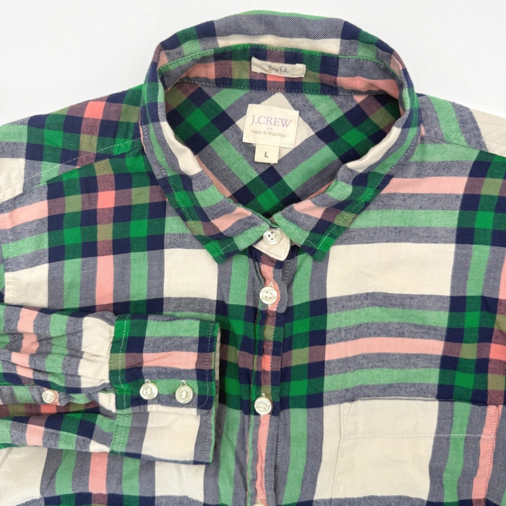 J.Crew Button Down Women L Green Pink Plaid Boy Fit Cotton Long Sleeve Shirt